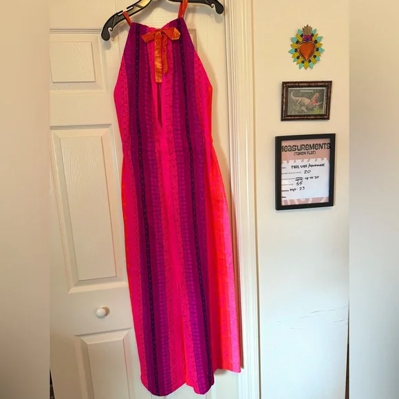 Vintage 1960s Handmade Maxi Dress Neon Pink Hot Tie Closure Stripes Hawaiin OS - Picture 6 of 9